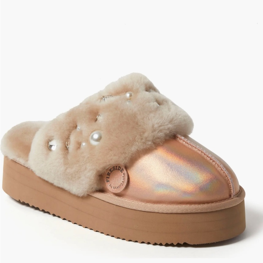 Fireside Ballina Genuine Sterling Platform Pearl Embellished Slippers - Picture 2 of 11